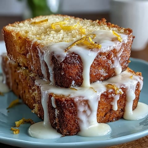 Lemon drizzle loaf cake with glossy glaze, fresh lemon zest, and golden crust on a cooling rack.