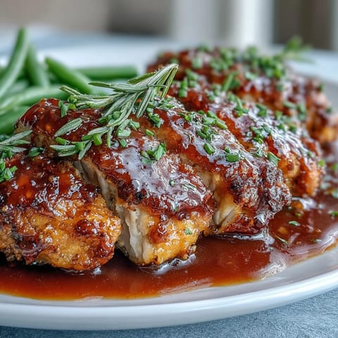 Golden honey mustard chicken with green beans, glazed and baked to juicy perfection in a tangy sauce.