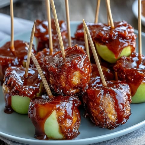 Candy apple bites on toothpicks: glossy red candy coating over crisp apple chunks, ready for snacking or parties.