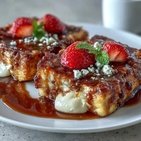 A warm slice of Strawberry French Toast Bake, topped with powdered sugar and fresh strawberries, perfect for a festive brunch.