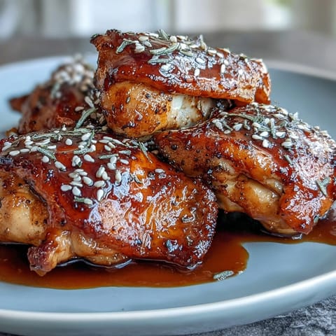Honey Garlic Baked Chicken Thighs with golden, sticky glaze and fresh parsley on top.  