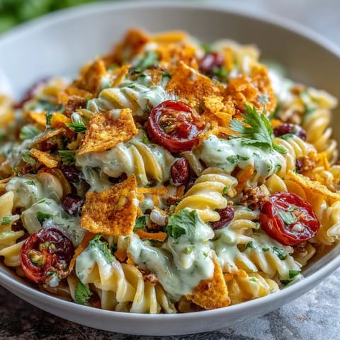 Vibrant Tex-Mex Taco Pasta Salad with Doritos and Avocado Ranch, featuring fresh vegetables and bold flavors.