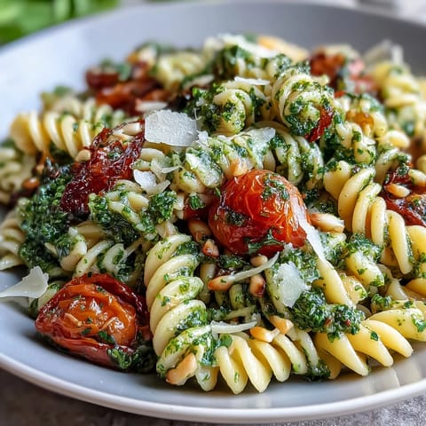 Fresh summer pasta salad with pesto and cherry tomatoes, bursting with vibrant colors and fresh basil aroma.  