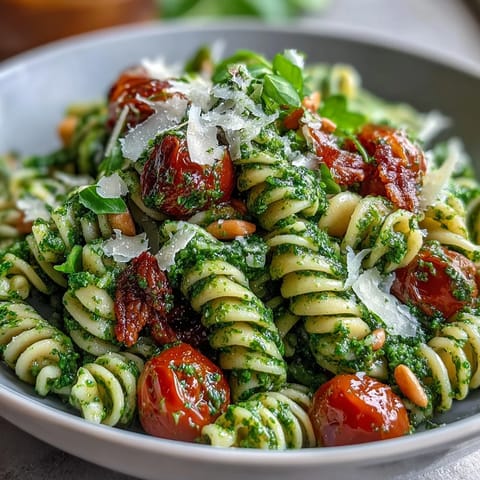 Creamy pesto coats al dente pasta, mingling with juicy cherry tomatoes and a sprinkle of parmesan for a perfect picnic dish.  