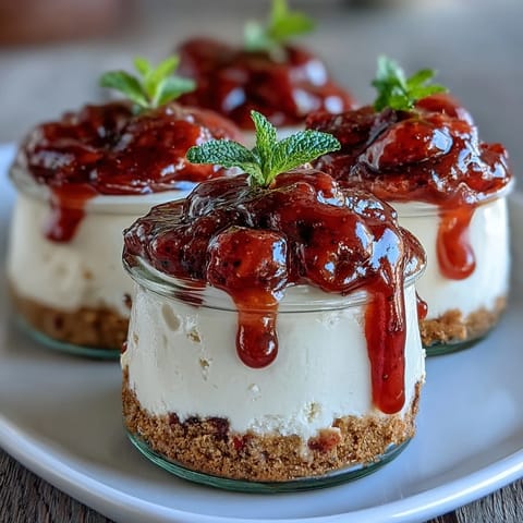 No-Bake Strawberry Cheesecake Jars with creamy layers and fresh strawberry compote in individual jars.  