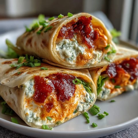 Creamy Buffalo chicken filling wrapped in soft tortillas, cut into bite-sized pinwheels, perfect for game day or party platters.