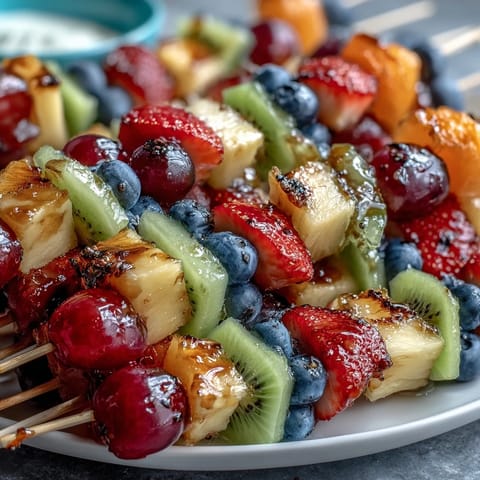 Rainbow Fruit Skewers with Honey Dip: A vibrant platter of colorful fruit arranged on skewers, served with a creamy honey-yogurt dip for a refreshing, healthy snack.
