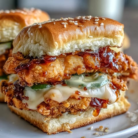 Crispy baked chicken tenders coated in spicy honey butter, layered with cheddar and pickles inside soft slider buns.