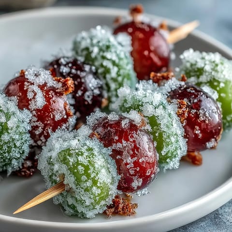 Frozen grape skewers with lime sugar glisten on a white platter, perfect for a refreshing summer snack.