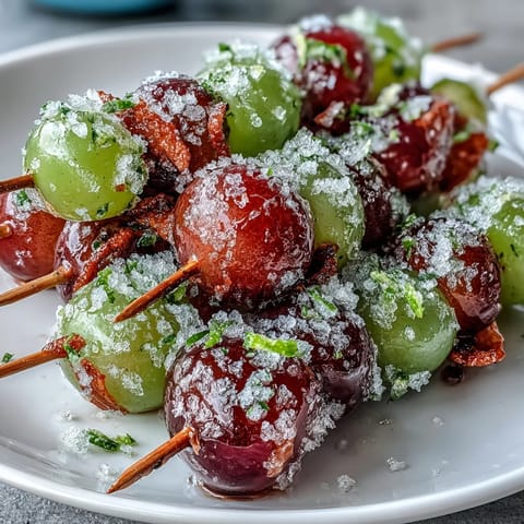 Zesty lime sugar coats frozen grapes on wooden skewers, offering a sweet-tart treat for hot days.