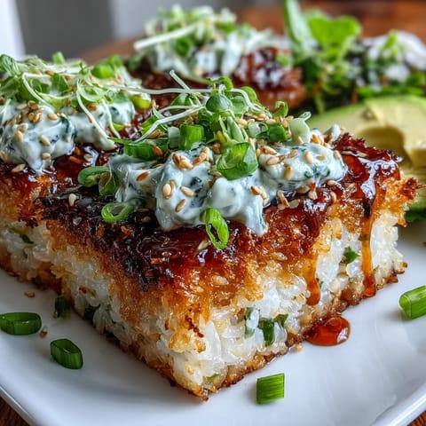Crispy golden rice squares topped with creamy, spicy tuna and garnished with avocado slices.