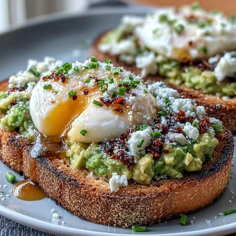 Creamy avocado spread on toasted sourdough topped with a perfectly poached egg and a drizzle of fragrant chili crisp oil.