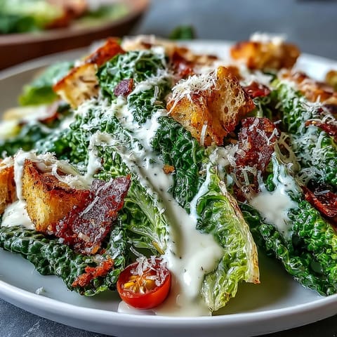 Freshly made Tahini Caesar Salad topped with Parmesan cheese and golden croutons, offering a Mediterranean twist on the classic favorite.