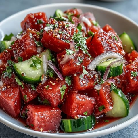 Refreshing summer salad featuring Watermelon Cucumber Salad with Tajin and Lime, with bright red watermelon, green cucumber, and a sprinkle of spicy Tajin seasoning for a bold, tangy flavor.  