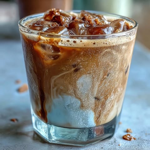 Iced brown sugar oat milk shaken espresso with frothy espresso and creamy oat milk swirls over ice cubes.  