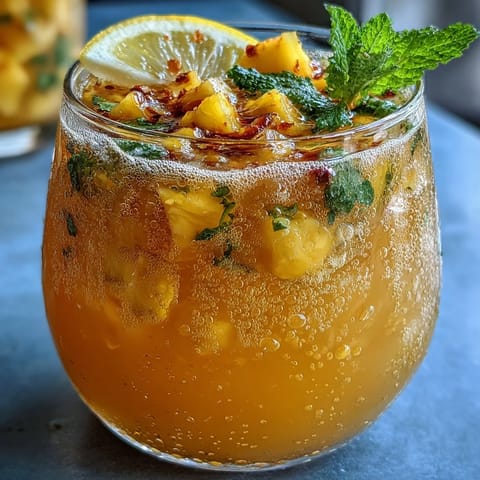 Refreshing mango pineapple punch with sparkling lemonade, diced tropical fruit, and mint garnish—ideal for festive graduation parties.  
