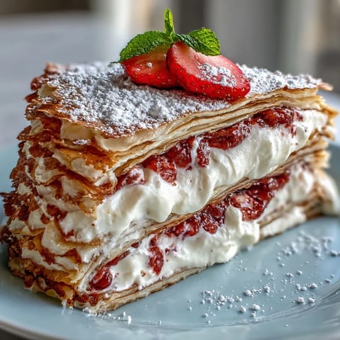 Layered Mother's Day crêpe cake with strawberry mascarpone cream, garnished with fresh berries and mint.