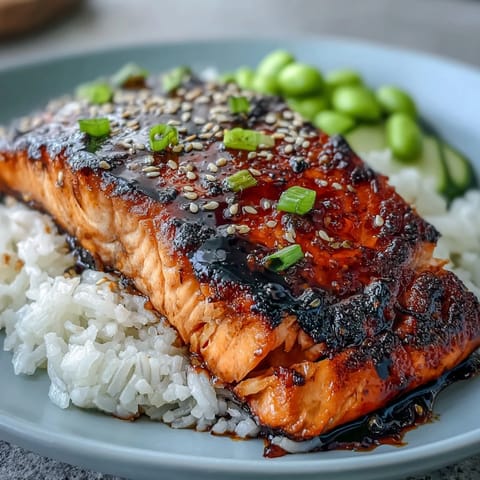 Savory teriyaki salmon served over fluffy jasmine rice, topped with tender edamame and refreshing cucumber slices.