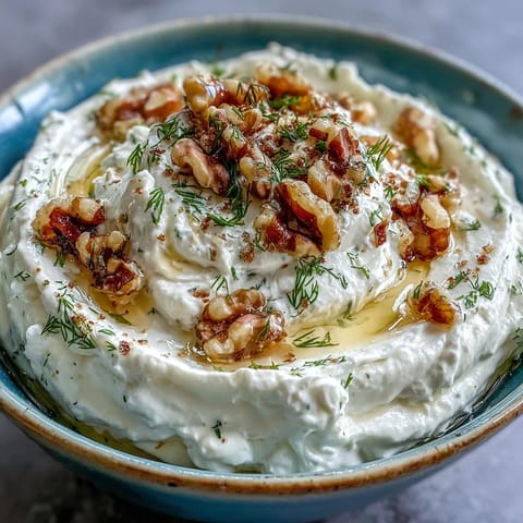 Velvety feta and cream cheese blend, drizzled with honey and olive oil, sprinkled with walnuts and herbs for a Mediterranean appetizer.  