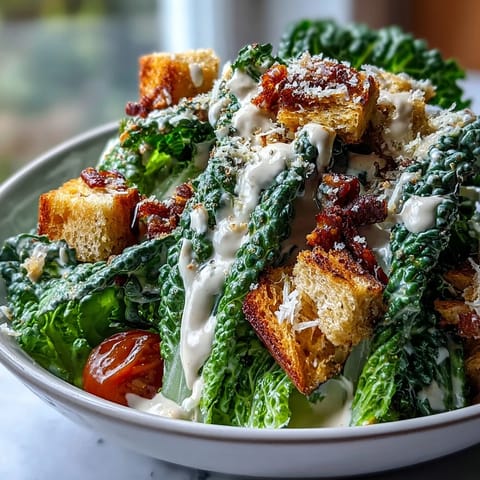 A vibrant Tahini Caesar Salad with crisp romaine, juicy cherry tomatoes, and crunchy croutons tossed in creamy tahini-lemon dressing.