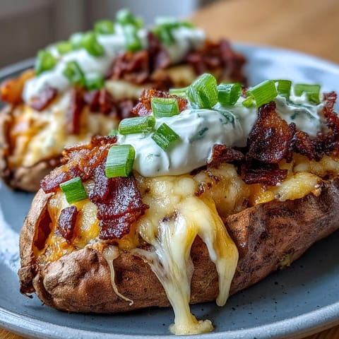 Loaded sweet potato skins with crispy bacon, melted cheddar, and sour cream topping, perfect for game day snacking.