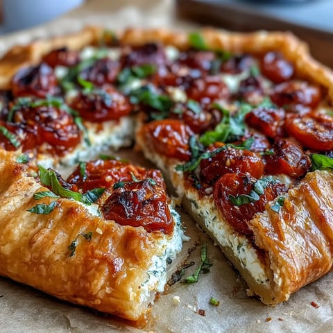 Savory feta galette with sweet, blistered cherry tomatoes baked in flaky pastry.