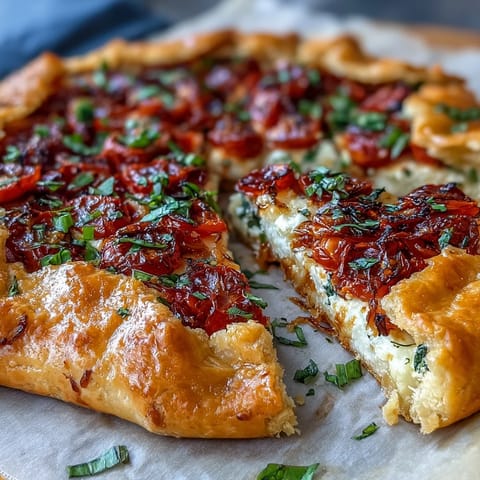 Rustic roasted cherry tomato and feta galette, golden-brown and delicious.