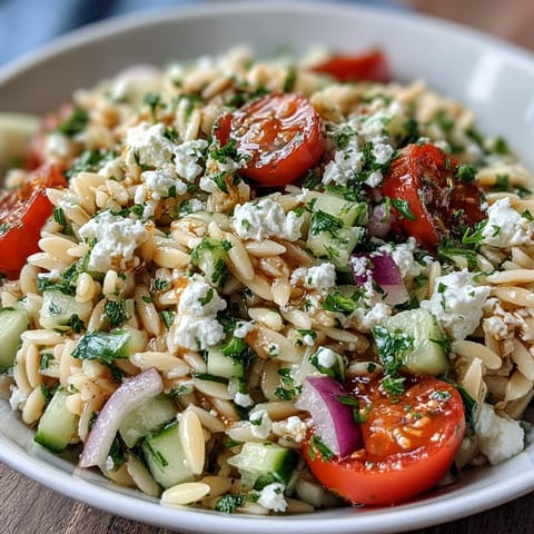 Vibrant Summer Orzo Salad with Feta and Lemon, featuring fresh vegetables and creamy feta.
