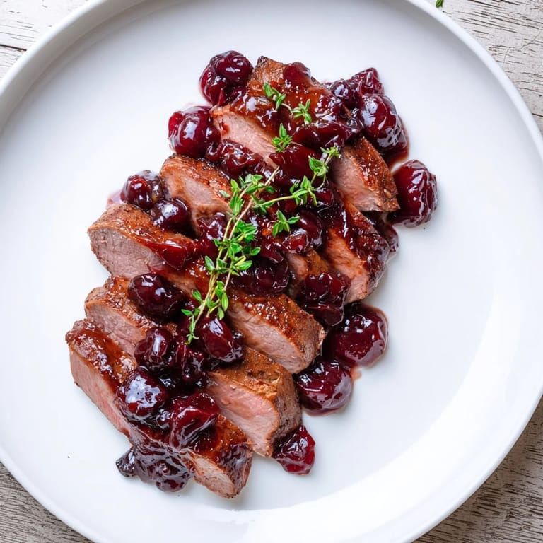 This delicious Cherry-Date Glazed Pork Tenderloin features beautifully seared pork coated with rich, dark glaze.