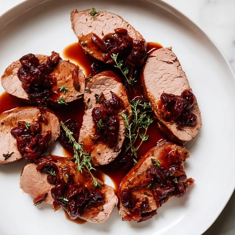 Juicy slices of Cherry-Date Glazed Pork Tenderloin, offering a delightful combination of sweet and savory flavors for a meal.