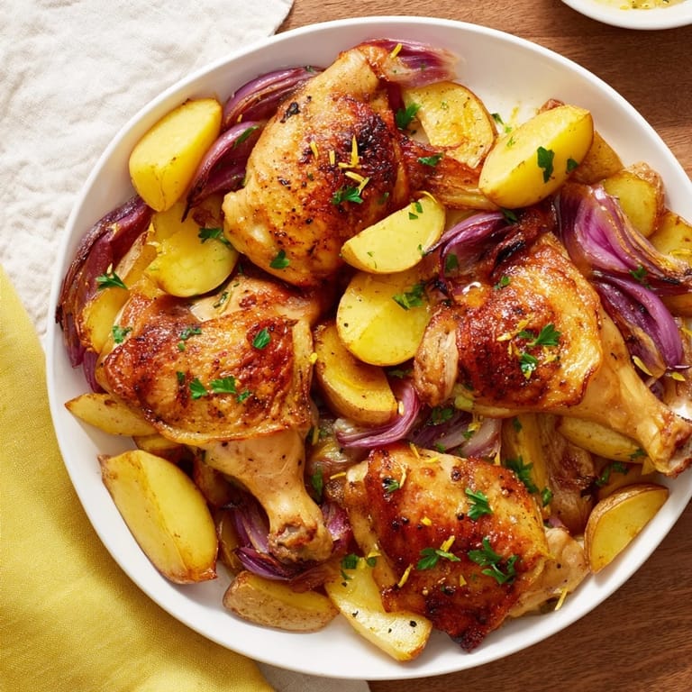 This delicious sheet pan dinner showcases beautiful Greek Lemon Chicken and Potatoes alongside roasted onions and herbs.