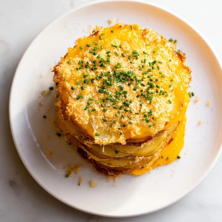 A close-up shot of the creamy layered Cheesy Scalloped Potatoes, garnished with fresh chives.