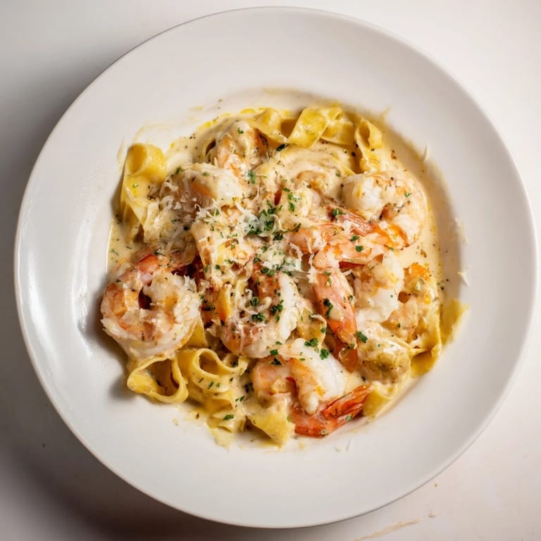 A steaming bowl of Instant Pot Shrimp Alfredo Pasta, topped with Parmesan cheese; a comforting weeknight meal.