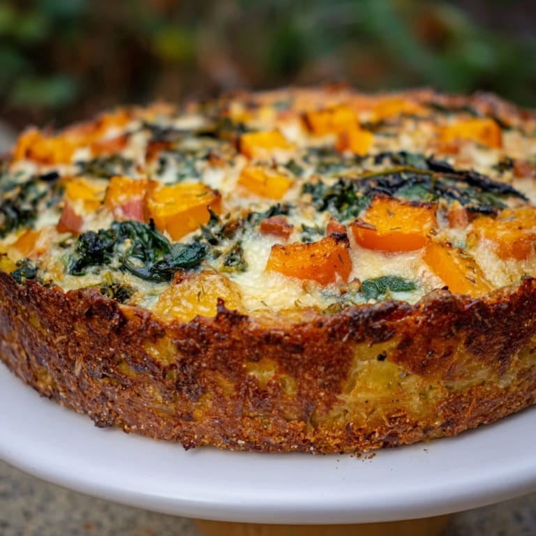 A hearty slice of Potato Crust Quiche showcasing the vibrant squash and herbs inside.