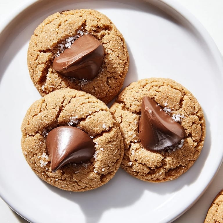 Close-up of baked Peanut Butter Blossoms, with a rich, peanut buttery aroma and fudgy chocolate centers.
