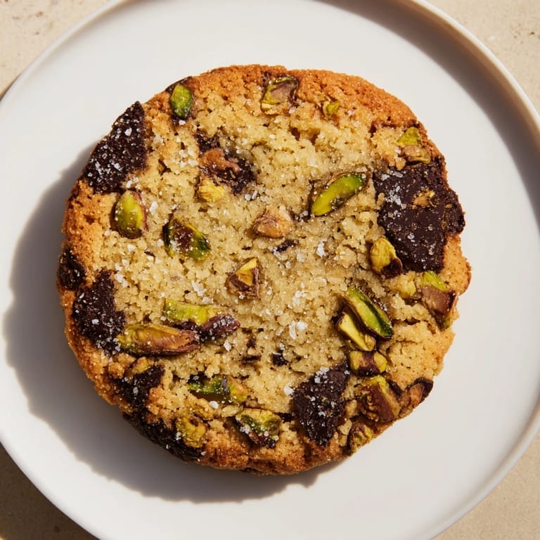 Warm, inviting shot of freshly baked Salted Pistachio Chocolate Chunk Shortbread, perfect for a sweet treat.