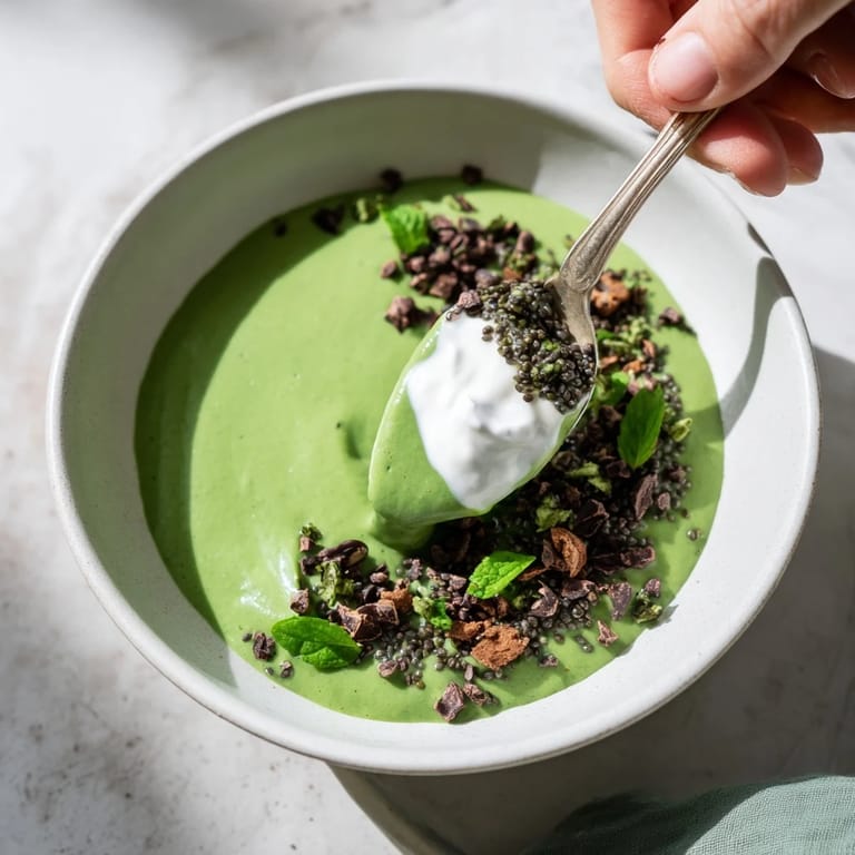 Close-up of a layered Grinch Green Mint Matcha Chia Pudding, topped with berries and chocolate chips.