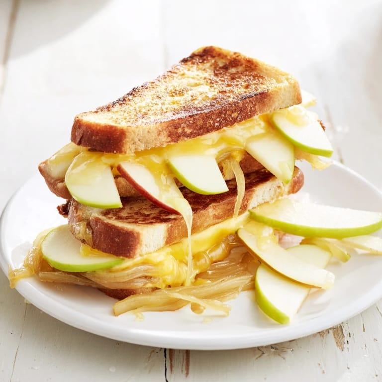 A close-up of a Caramelized Onion, Apple & Cheddar Grilled Cheese, perfectly grilled to a golden hue.