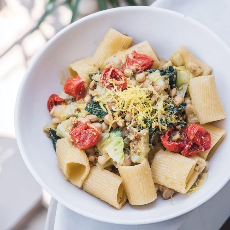 A vibrant bowl of Healthy Tuscan White Bean & Kale Christmas Pasta, showcasing hearty kale and sun-dried tomatoes.