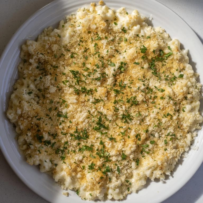 Creamy, comforting Lightened Mac & Cheese Snowflake Pasta Bake, ready to serve with a sprinkle of fresh parsley.