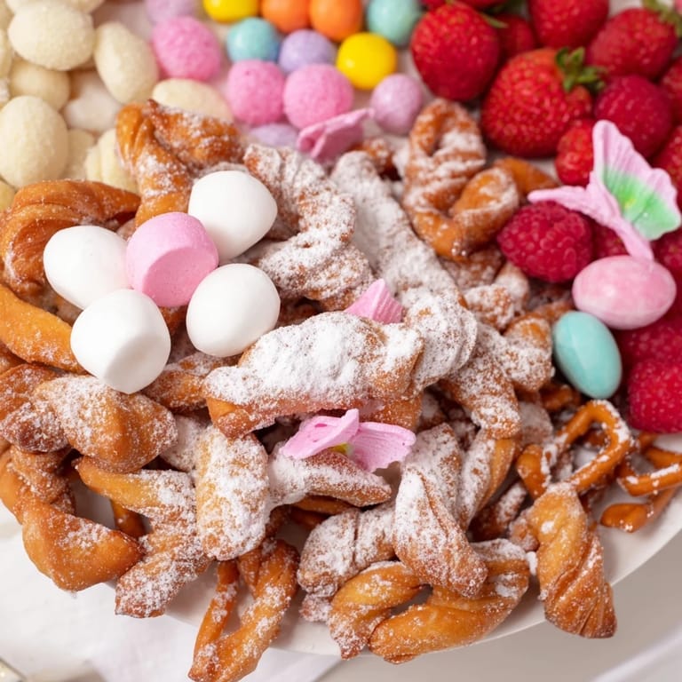 A visually stunning dessert board showcasing crispy Polish angel wings with vibrant candies and fresh berries.