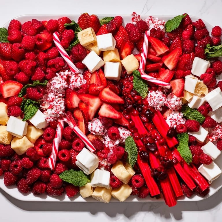 Holiday candy cane striped platter presentation: red strawberries and white chocolate pretzels create festive stripes.