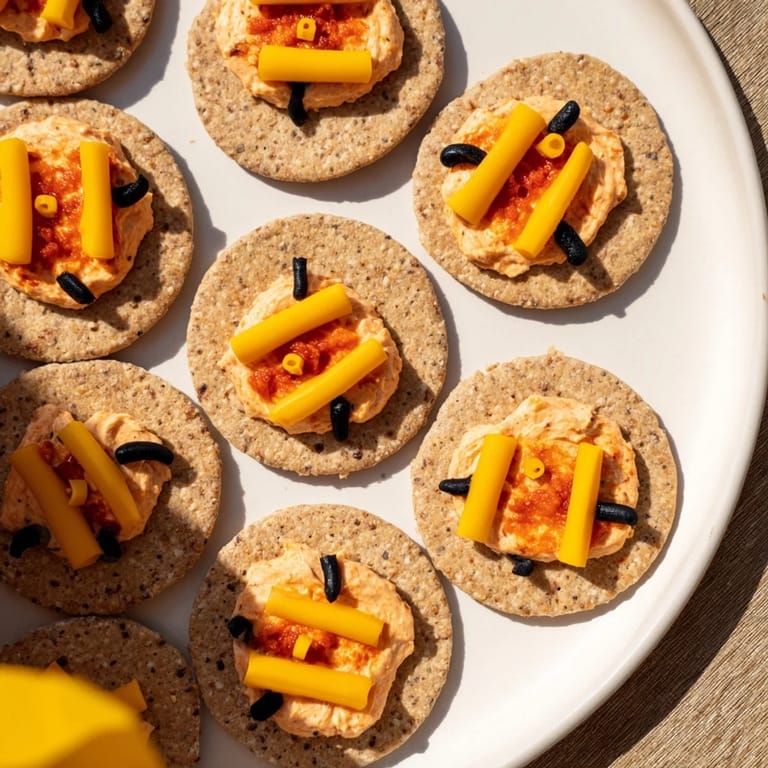 Close up shot of Santa's Belt Crackers; cheese crackers topped with dip and olives.