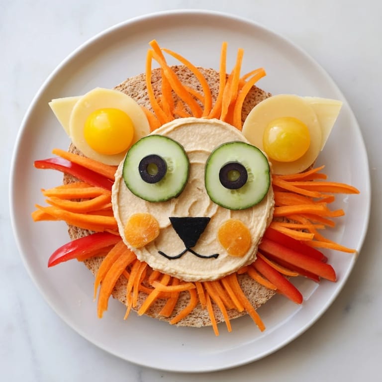 Colorful King of the Jungle Lion Lunch Board, filled with vegetables, fruit, and cheese, ready to eat.