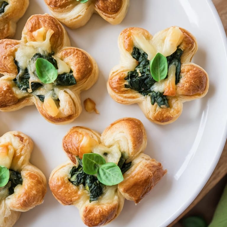 Close-up of flaky Lucky Clover bites: festive green basil atop each, perfect for St. Patrick's Day snacking.