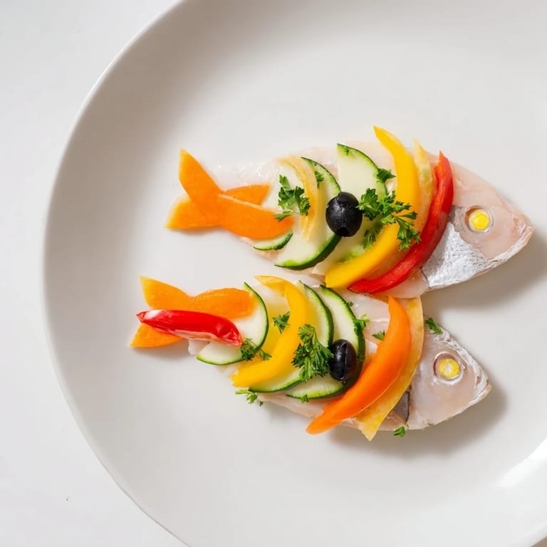 A beautifully plated Light Fish-Shaped Meal, featuring a playful design with fresh vegetable scales.