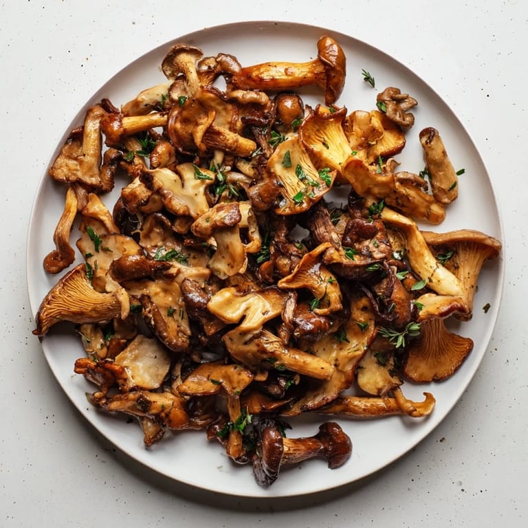 A skillet of warm, aromatic Enchanted Forest Mushrooms with a splash of white wine, garnished beautifully.