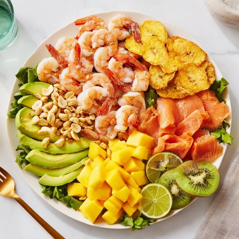 A beautifully arranged Tropical Wave Tasting Platter featuring fresh fruit, seafood, and crispy plantain chips.