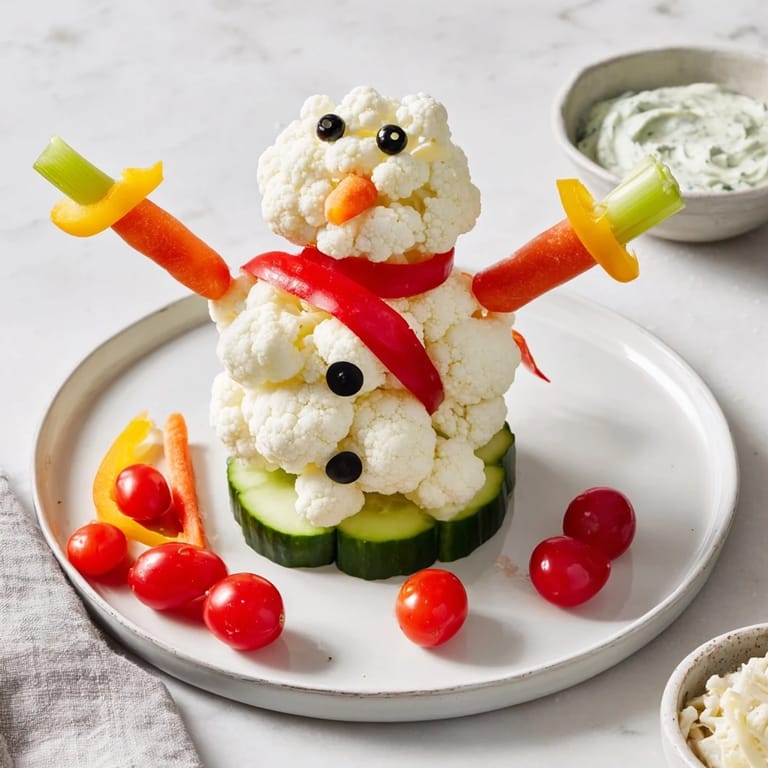 Healthy snowman crudités: Delightful veggie snowman with a creamy herb dip, perfect for kids' parties.