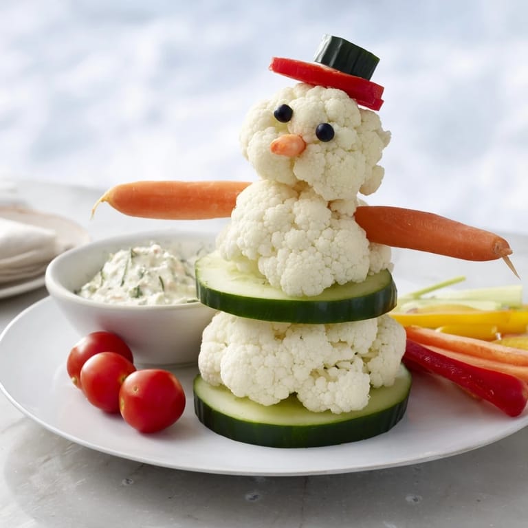 Fresh snowman crudités, featuring carrots, bell peppers, and dip, make a cheerful, edible centerpiece.